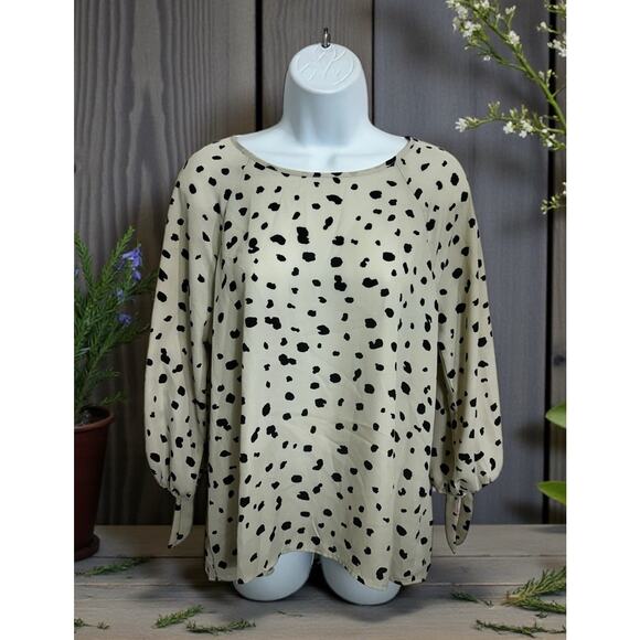 Papermoon Blouse Sz Large Beige with Black Spots Semi Sheer Top 3/4 Sleeve - Picture 1 of 8